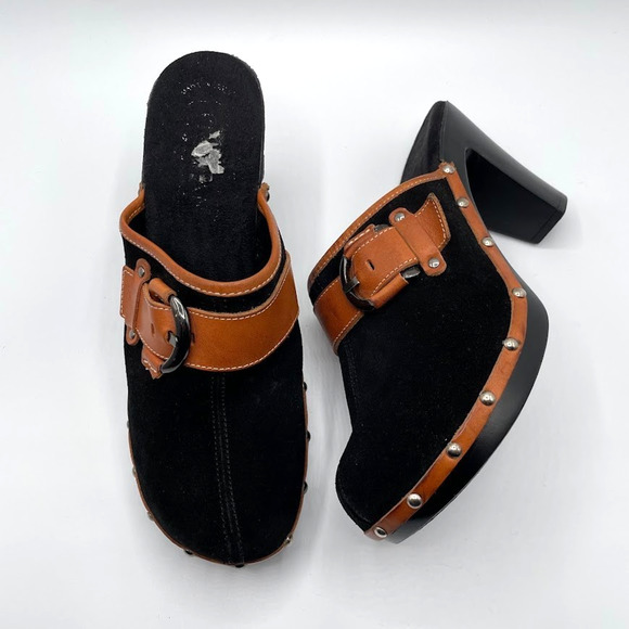 Italian Shoemakers Size 11 Studded Suede Heels Mule Clogs Chunky Y2K Western - Picture 1 of 12